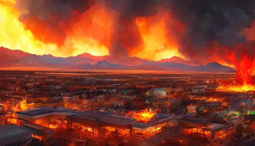 Prompt: Digital painting of Las Vegas on fire destroyed by a nuclear explosion, wide angle, volumetric light, hyperdetailed, artstation, cgsociety, 8k