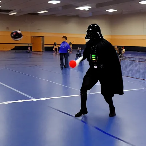 Prompt: Darth Vader playing dodgeball against middle school students