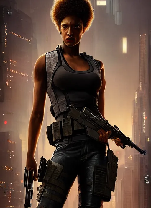 Prompt: misty knight. cyberpunk police trooper in a military vest ( blade runner 2 0 4 9, cyberpunk 2 0 7 7 ). orientalist portrait by john william waterhouse and james gurney and theodore ralli and nasreddine dinet, oil on canvas. cinematic, hyper realism, realistic proportions, dramatic lighting, high detail 4 k