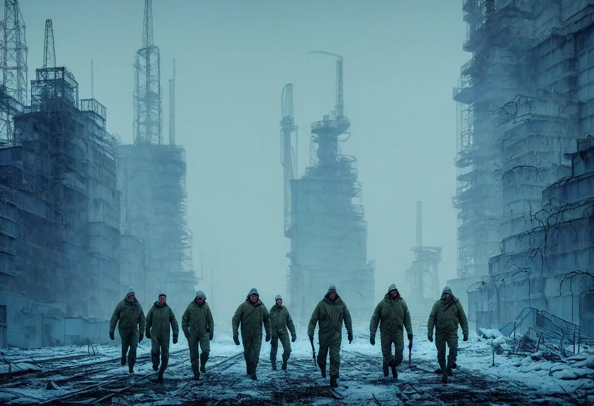 Image similar to chernobyl liquidators walking in postapocalyptic winter cityscape, 4 k, high quality, sharp focus, ultra high definition, ultra detailed, symmetry, fog, matte painting, by greg rutkowski and ross tran and wlop