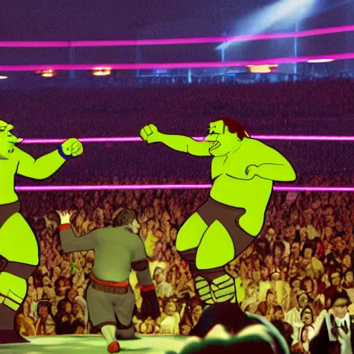 Prompt: shrek vs andre the giant at wrestlemania 8, dramatic lighting, 8k , WWE poster