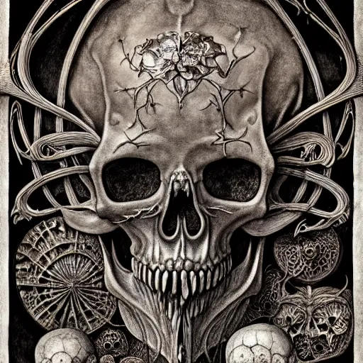 Image similar to memento mori by arthur rackham, art forms of nature by ernst haeckel, ultrasharp, photorealistic, hyperdetailed, octane render, polished, art nouveau, gothic, ornately antique porcelain beautiful skull mask dominant, intricate ornamental organic filigree, art nouveau botanicals, art forms of nature by ernst haeckel, horizontal symmetry, symbolist, visionary