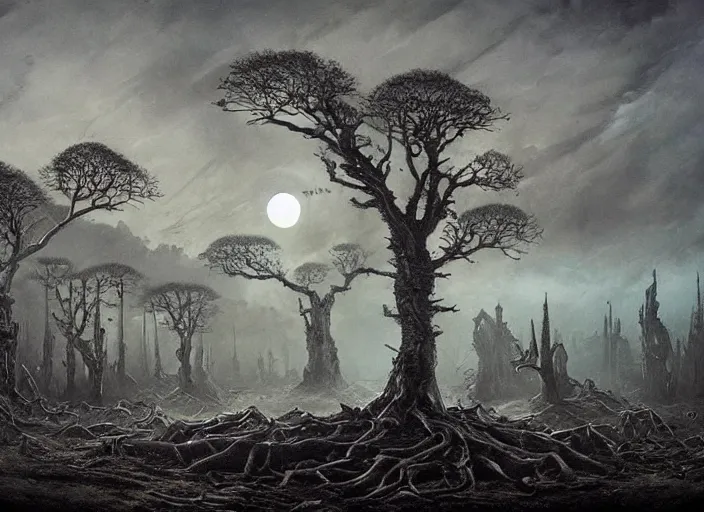 Image similar to a dramatic matte painting of The Tomb in the dystopian landscape is opening through the ground, the dead has arisen under the glowing moon, dead trees and a brooding landscape by Giger and Dariusz Zawadzki and Beksinski