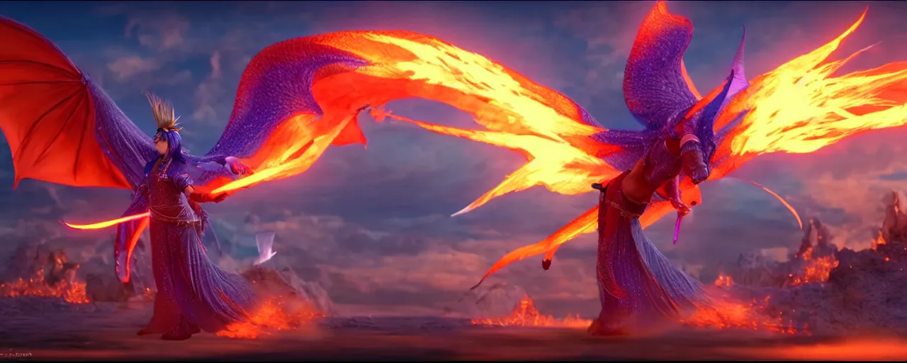 Prompt: Yuna from Final Fantasy X summoning Bahamut, CGI render scene, VFX, vibrant colors