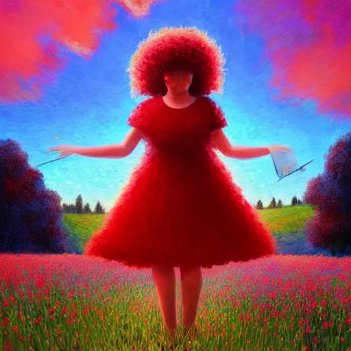 Image similar to large red flower afro, girl standing in a field with flowers, surreal photography, hills, big trees, sunrise dramatic light, impressionist painting, colorful clouds, digital painting, pointillism, artstation, simon stalenhag