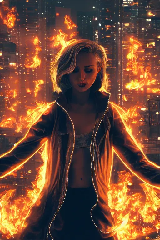 Prompt: young blonde woman with flames dancing on her hands with a long jacket in a cyberpunk city, realistic, high definition, detailed and realistic face, detailed and realistic hands, expressive eyes, 4 k, shimmering color, epic digital art