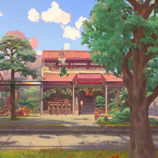 Image similar to concept art painting of a historic bakery with european and japanese architecture, in a woodland village surrounded by trees, inspired by kiki's delivery service, realistic, detailed, cel shaded, in the style of makoto shinkai and greg rutkowski and james gurney