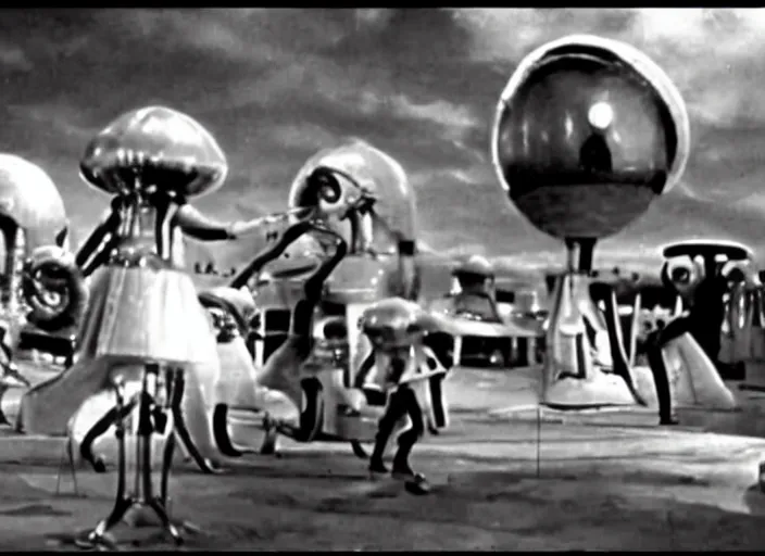 Prompt: scene from a 1950 science fiction film about an alien invasion