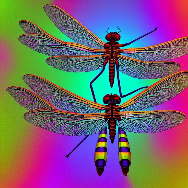 Prompt: centered symmetric hyperrealistic maximalist overdetailed biomechanical dragonfly. render by adoryanti, machine. delusions, holosomnia, electrixbunny. view from above discodiffusion. 8 k 3 d render. calm beautiful still relaxed shiny transparent reflecting iridescent.