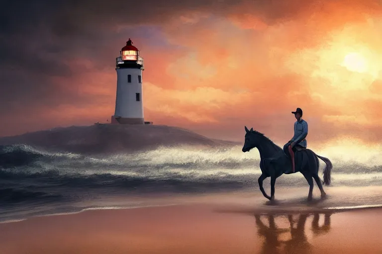 Image similar to photo of man riding a horse along the beach, glowing underwater waves toward a lighthouse in the distance guiding his way, silhouette, wide horizon, large white clouds, night, intricate, elegant, highly detailed, digital painting, artstation, concept art, smooth, sharp focus, illustration, art by artgerm and greg rutkowski and fra angelico