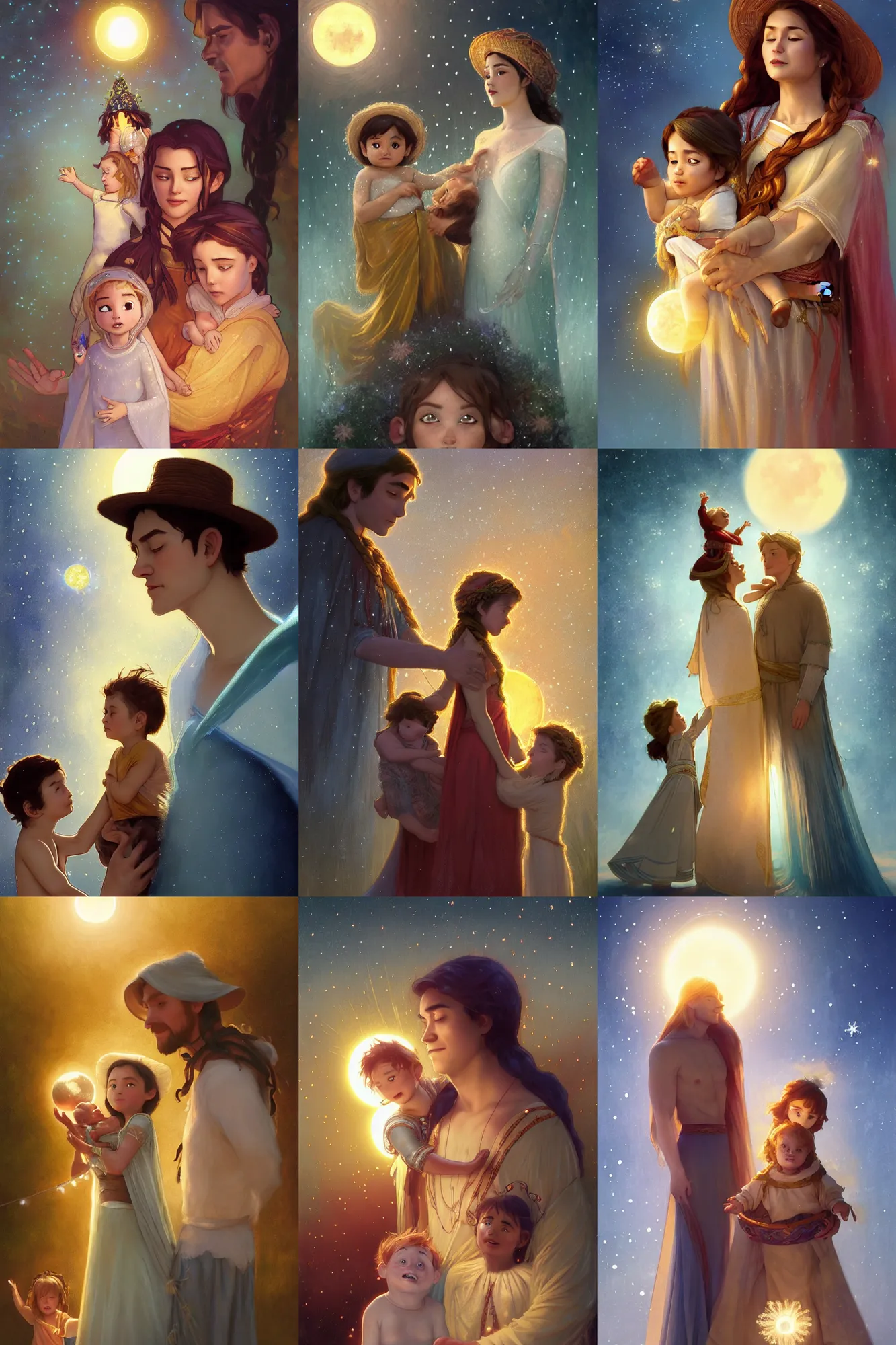 Prompt: a cinematic portrait of a beautiful family photograph close up moment of a young sun god and moon goddess magician family with child, portrait, wearing sunhat with string lights, Frozen Klaus film, digital painting, artstation, concept art, illustration, Frozen II art masterpiece by art by Krenz Cushart, Artem Demura, alphonse mucha, yoji shinkawa, ArtGerm, Jon Lothian, Danilo Torres, Adi Meyers, Thomas Reimann, Gaston Bussiere