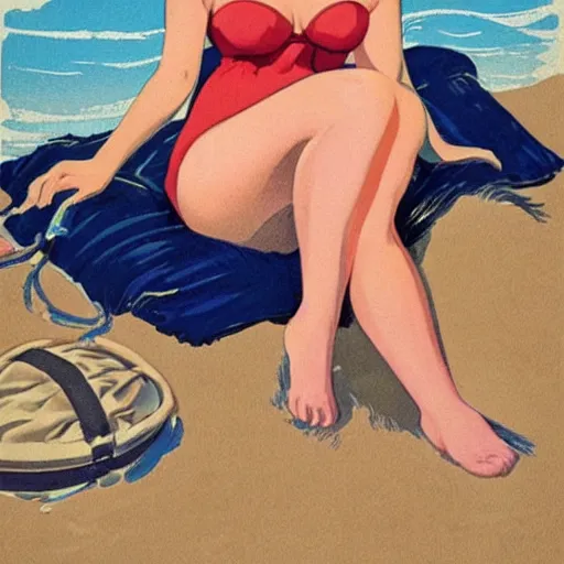 Image similar to Hilda at the beach, pin up illustration by Duane Bryers,