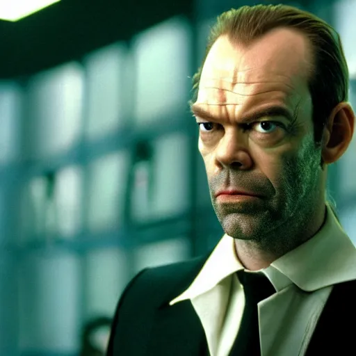 Image similar to close - up of hugo weaving as agent smith in the matrix, movie still frame, promotional image, imax 7 0 mm footage