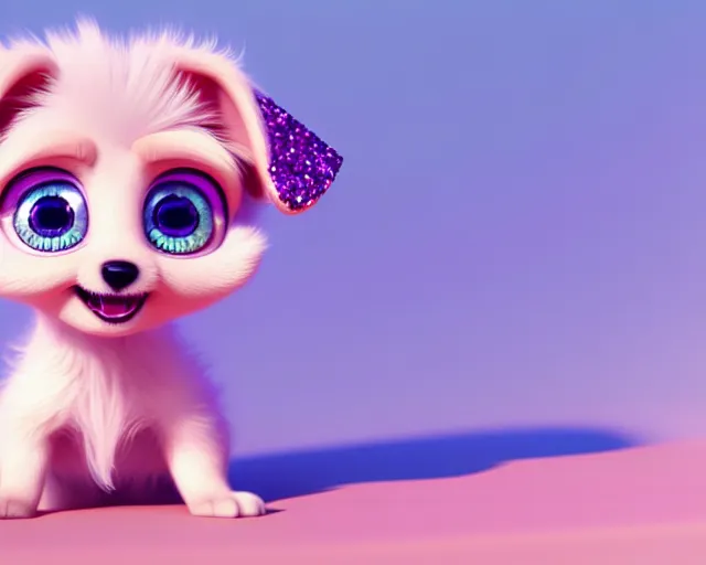Image similar to a cute cute baby dog puppy, big eyes, soft fur texture, pastel colours, colorful, glitter crystals, cute, adorable, pixar animation style, detailed, soft light, octane render, cute, 4 k,