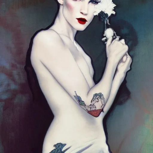 Image similar to comely portrait of androgynous ruby rose as desire from sandman in a white tuxedo!!!, rockabilly style,, by alphonse mucha, by jeremy mann, by peter lindbergh, dave mckean, by frank moth, white suit and black tie, soft lightning, high detailed, 8 k