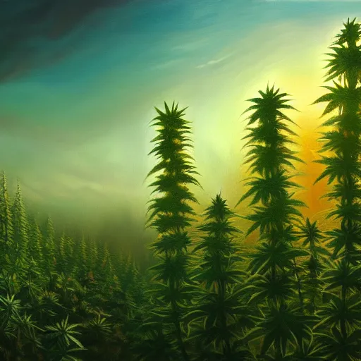 Image similar to an amazing deep painting of a marijuana world, intricate detail, sunset, idyllic, serene, volumetric lighting, 8 k, photorealistic, digital art trending on artstation