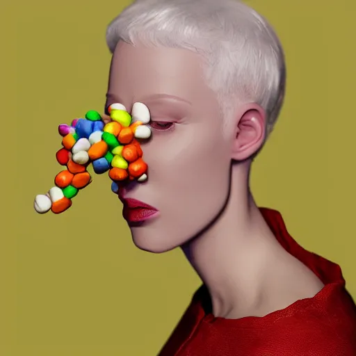 Image similar to portrait of an albino woman eating a lot of candy, unreal engine octane, colorful, hyper detailed, 50mm