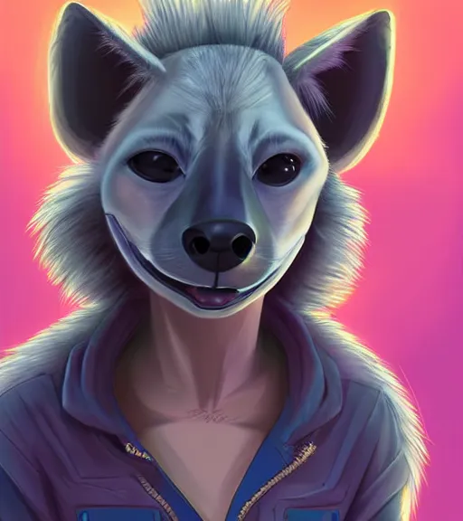 Image similar to digital detailed art of furry female hyena, in style of zootopia, fursona, furry, furaffinity, deviantart, wearing astronaut outfit, floating in space, space background, hyena fursona, cyberpunk, detailed face, style of artgerm,