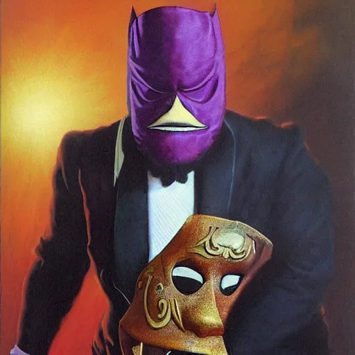 Image similar to a red bearded man wearing a purple luchadore mask and tuxedo, highly detailed, masterpiece, fantasy, pulp, illustrated, art by boris vallejo