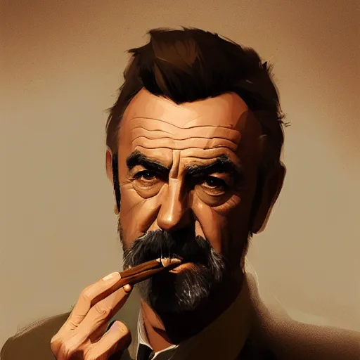 Image similar to portrait of sean connery smoking a cigar, 4 k, concept art, by wlop, ilya kuvshinov, artgerm, krenz cushart, greg rutkowski, pixiv. cinematic dramatic atmosphere, sharp focus, volumetric lighting, cinematic lighting, studio quality