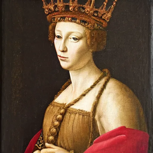 Image similar to a renaissance style portrait painting of a unicorn, wearing a crown and cape, dark background
