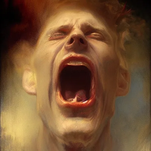 Image similar to hyperrealist portrait of a screaming head made of smoke by jeremy mann and alphonse mucha and alan lee, fantasy art, photo realistic, dynamic lighting, artstation, poster, volumetric lighting, very detailed faces, award winning