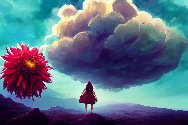 Image similar to giant dahlia flower over head, girl walking on mountain, surreal photography, stars, dramatic light, impressionist painting, storm clouds, digital painting, artstation, simon stalenhag