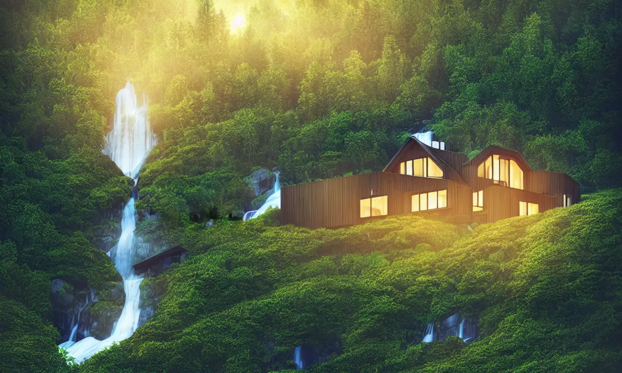 Image similar to scandinavian house in the forest on a hill, by artgerm, vector style, waterfall flows down from the mountain, vector art, fabulous, global illumination, warm lighting