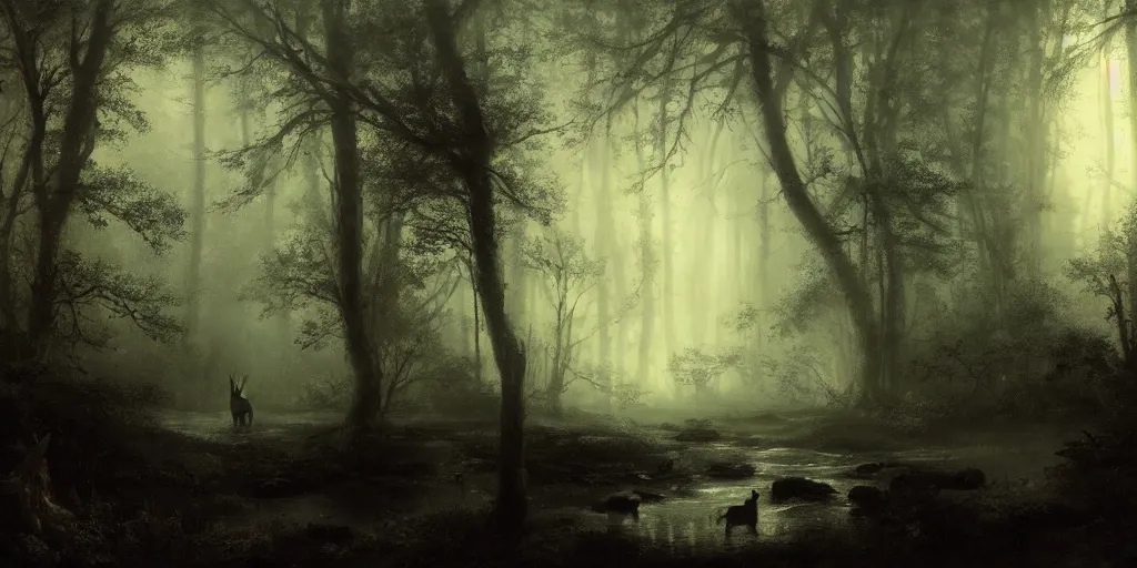 Image similar to [ a dark scene of a dense forest at night with a gentle stream through it, moonlight through trees, volumetric light and mist, fog, deer drinking from the stream ], andreas achenbach, artgerm, mikko lagerstedt, zack snyder, tokujin yoshioka