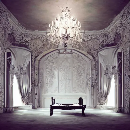 Image similar to a Gothic baroque porcelain room furnished with baroque furniture made of porcelain and white veils, explodes. trending on artstation, sensual gloomy, volumetric clouds, unreal render, depth of field