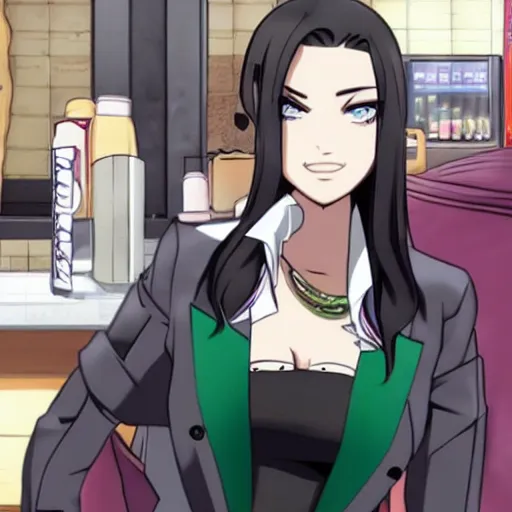 Prompt: Megan fox at Starbucks in Danganronpa anime