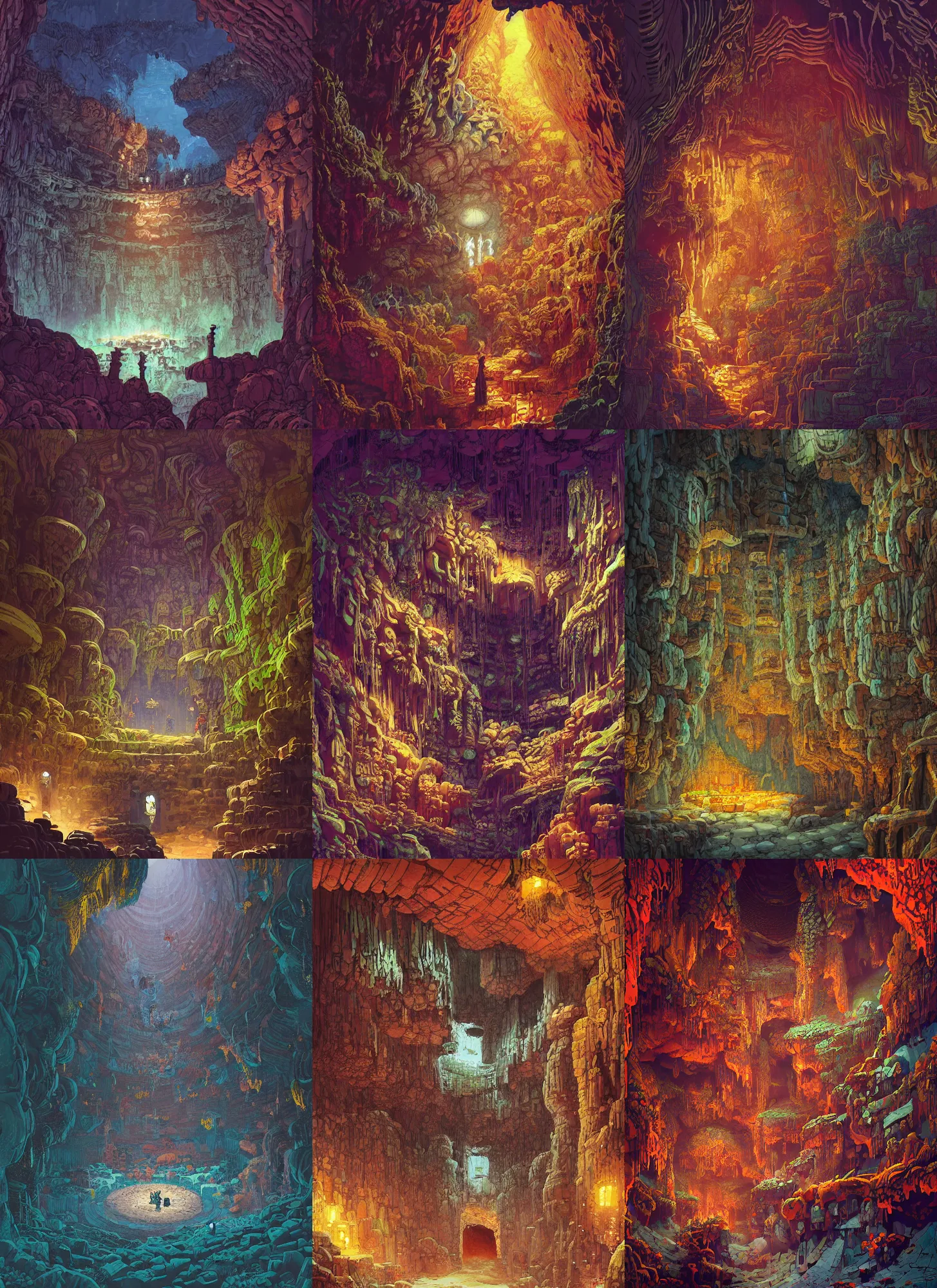 Prompt: a painting of an ancient underground dungeon cavern, intricate, highly detailed, gaudy colors, organic painting, by feng zhu, loish, laurie greasley, victo ngai, andreas rocha, john harris, jesper ejsing, rhads, makoto shinkai, lois van baarle,