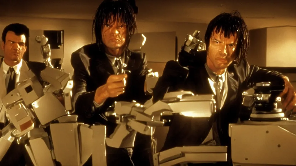 Image similar to movie still of pulp fiction but with robots, movie still, cinematic composition, cinematic light, by edgar wright and david lynch