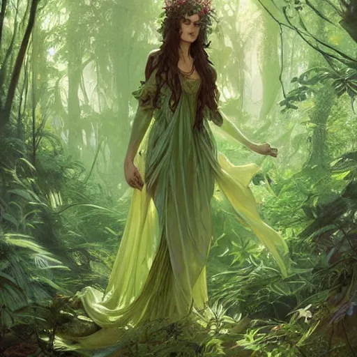 Prompt: Beautiful Green Witch in the forest nature unity, gardens, detailed plant life, high detail face, art by artgerm and greg rutkowski and alphonse mucha