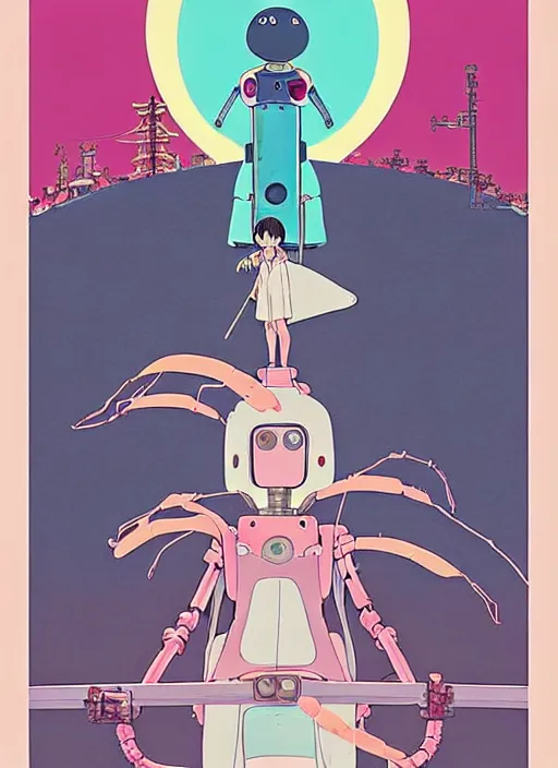 Image similar to a movie poster for a studio Ghibli film based on the song Yoshimi battles the pink robots, part 1. by the band the flaming lips; artwork by Hiyao Miyazaki and studio Ghibli; a Japanese girl is fighting a gigantic evil Pink Robot in an alley in Tokyo artwork by James jean, Phil noto