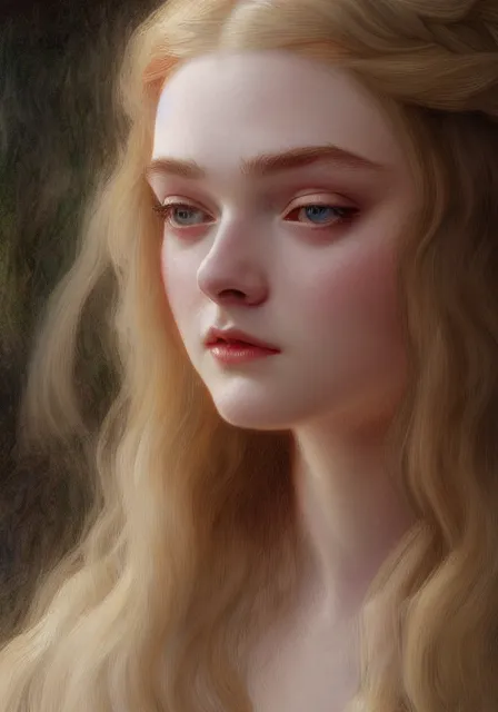 Image similar to sansa elle fanning, intricate, elegant, highly detailed, digital painting, artstation, concept art, smooth, sharp focus, illustration, art by artgerm and greg rutkowski and alphonse mucha and william - adolphe bouguereau