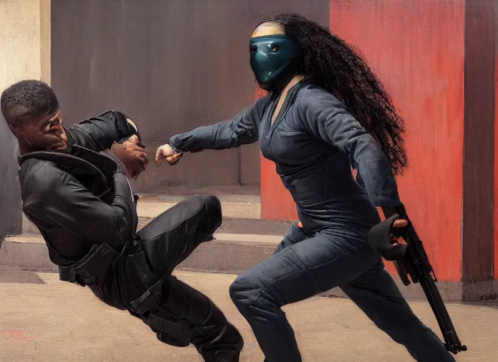 Image similar to maria igwe evades sgt Nash. Cyberpunk hacker in jumpsuit escaping menacing police troopers (blade runner 2049). beautiful face. Jujitsu. Iranian orientalist portrait by john william waterhouse and Edwin Longsden Long and Theodore Ralli and Nasreddine Dinet, oil on canvas. Cinematic, hyper realism, realistic proportions, dramatic lighting, high detail 4k