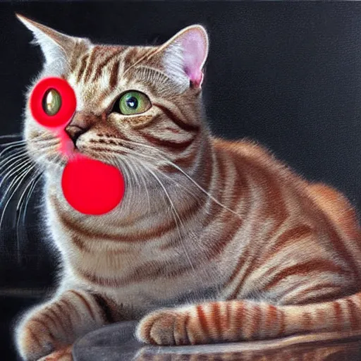 Image similar to red tabby cyborg cat with red eyes and smoke coming from his ears, realistic oil painting