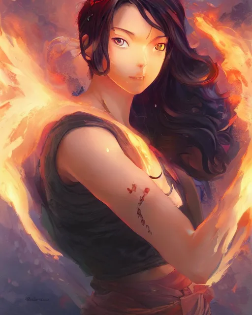 Image similar to the goddess of fire, spunk and intense beauty, full shot, atmospheric lighting, detailed face, one piece style, by makoto shinkai, stanley artgerm lau, wlop, rossdraws