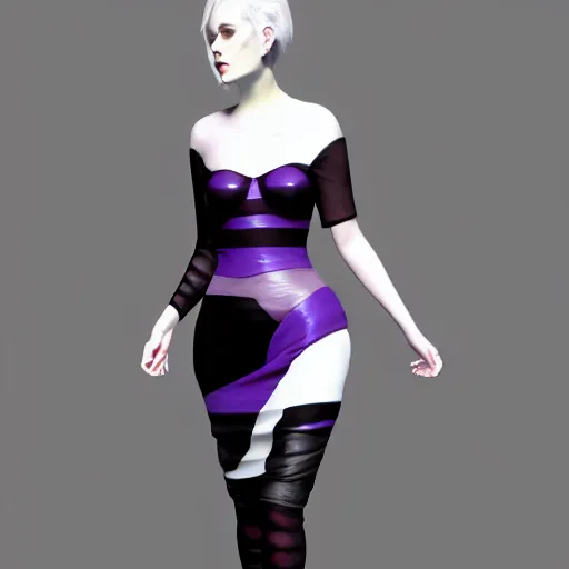 Prompt: portrait of a pale curvy goth woman with elegant multilayered black-purple-grey tight leather high-neck striped dress, photorealistic, sublime, 16k, smooth, sharp focus, cgsociety, trending on ArtStation, volumetric lighting