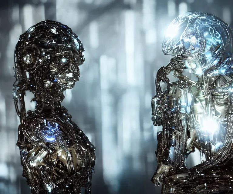 Image similar to semi - transparent glowing cyborg sitting on an intricate metal throne, fantasy sci - fi, majestic lighting, metallic, 2 0 0 mm focus, bokeh