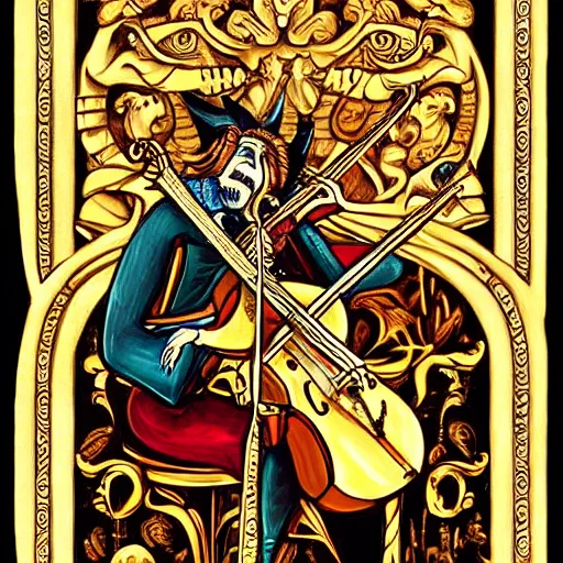 Image similar to the devil playing a golden fiddle,extremely detailed multiple unique different art styles.