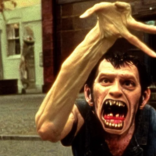 Image similar to film still of a funny looking werewolf extending out his hand, asking for food, in an american werewolf in london