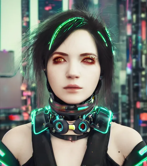 Image similar to detailed realistic female character cyberpunk wearing thick technological collar around neck, realistic, art, beautiful, 4K, collar, choker, collar around neck, punk, artstation, detailed, female, woman, choker, cyberpunk, neon, punk, collar, choker, collar around neck, cyberpunk, punk, neon