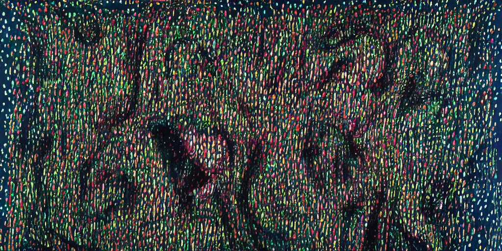 Image similar to camo made of teeth, smiling, abstract, francis bacon artwork, tribal, neon, cryptic, dots, stipple, lines, splotch, color tearing, pitch bending, faceless people, dark, ominous, eerie, minimal, points, technical, old painting