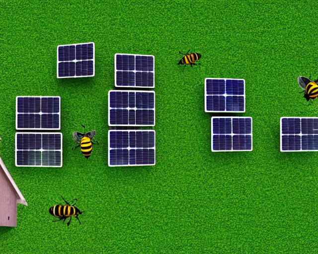 Image similar to connected ecovillage houses with solarpanel, very big bee and a cow is flying around - plant goddess high quality photo, microchip, artificial intelligence, bio - mechanical bio - luminescence, black wired cables, neurons, nerve cells, cinematic, rim light, photo - realistic, elegant, high detail, 8 k, masterpiece, high fashion, in the style of man ray