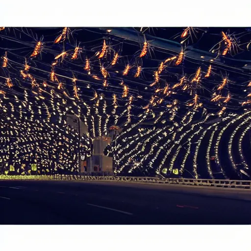 Image similar to dslr photo freeway photo at night, dragonflies create the lights, very high quality lights, intricate details, extremely high quality, moody lighting, real camera, real photo, slow - shutter, 8 k, full subject in shot