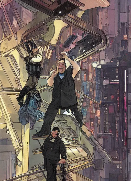 Prompt: cyberpunk paul blart falling down escalator. portrait by ashley wood and alphonse mucha and laurie greasley and josan gonzalez and james gurney. spliner cell, apex legends, rb 6 s, hl 2, d & d, cyberpunk 2 0 7 7. realistic face. vivid color. dystopian setting.
