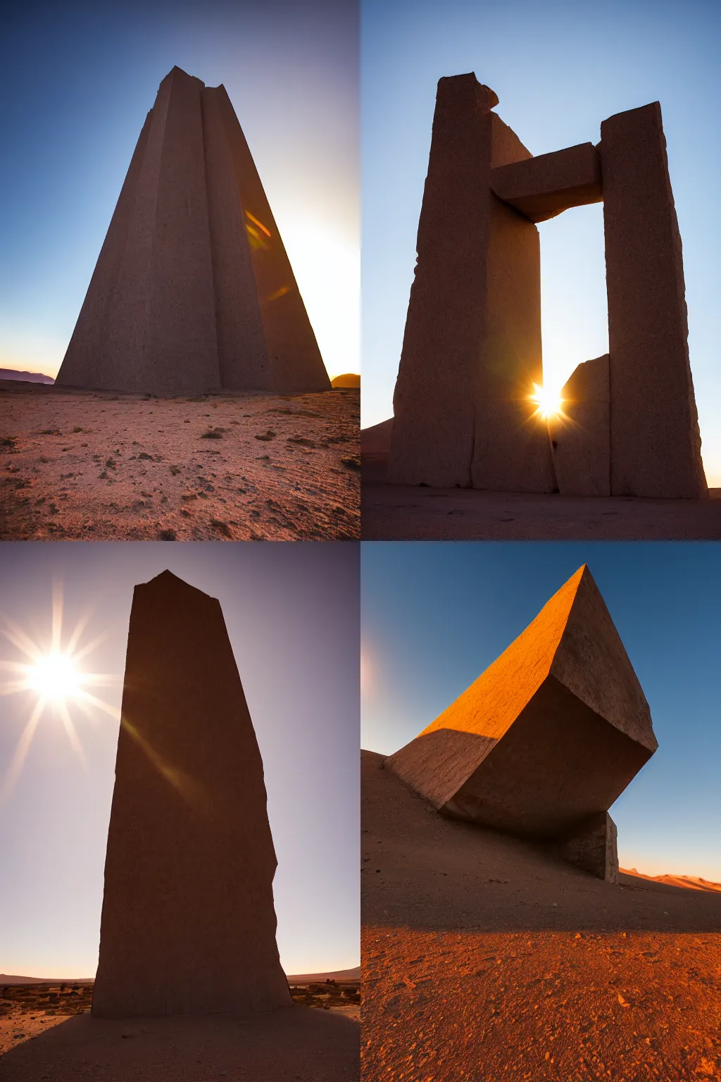 Prompt: brutalist giant monolith in the atacama desert. sunset. kodak. lens flare. raw.