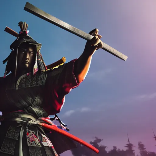 Prompt: Samurai silhouette with katana in right hand in front of a templar castle, ready to attack, vegetation, dramatic lighting, trending on artstation, render, photorealistic, cinematic